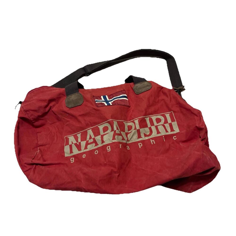 NAPAPIJRI GEOGRAPHIC NORWAY RED CANVAS DUFFLE WEEKEND SEA‎ BAG ZIPPER CLOSE H71